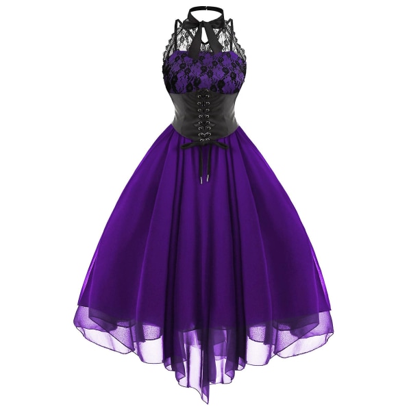 Steampunk Gotisk kjole for kvinner Ermeløs høy lavt design blonder middelalderkostyme Purple L