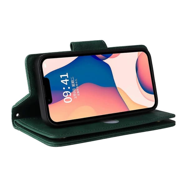 Rivet Spenne 9 Kort Tre-delt Lær Telefonveske For iPhone 14 Green