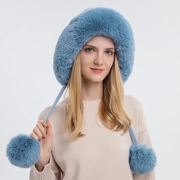 Dam vinter Peruvian öronbeklädnad Beanie Hat Öronklaffar Sherpa Skidmössa Stickad Fleecefodrad 3 Pom Blue One Size