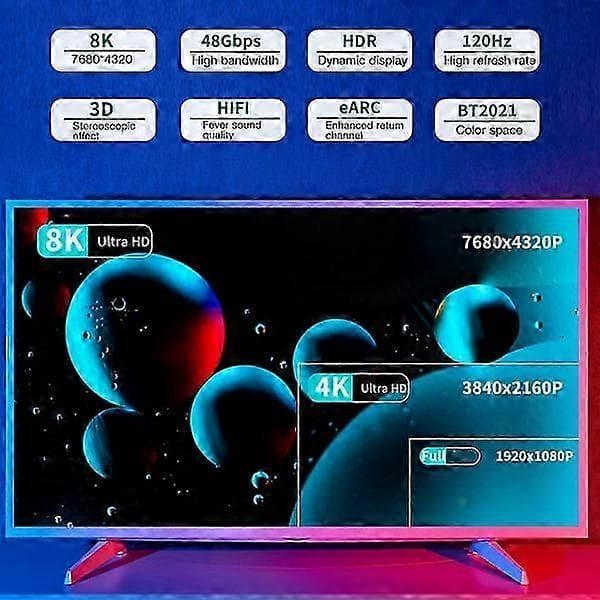 8K HDMI 2.1 flätad kabel, 48 Gbps höghastighet, stöder 4K@120Hz & 8K@60Hz, HDR10, HDCP 2.2/2.3-kompatibel