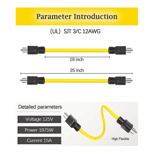 Han forlængerledning, Rv & Generator Adapter ledning, 5-15p til overførselskontakt, 12awg 125v dobbelt han Yellow