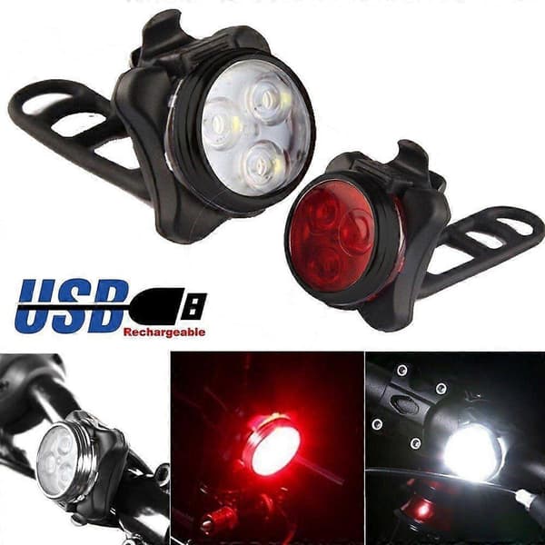 Sykkel 3 LED frontlys med USB oppladbart baklys med klips White
