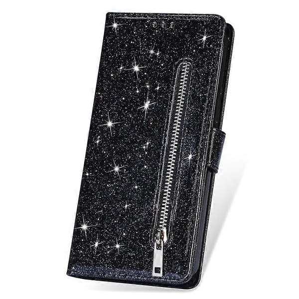 Kompatibel med iPhone 16 Pro Max Fodral Glitter Läder Stativ Telefonfodral Dragkedjeficka Black