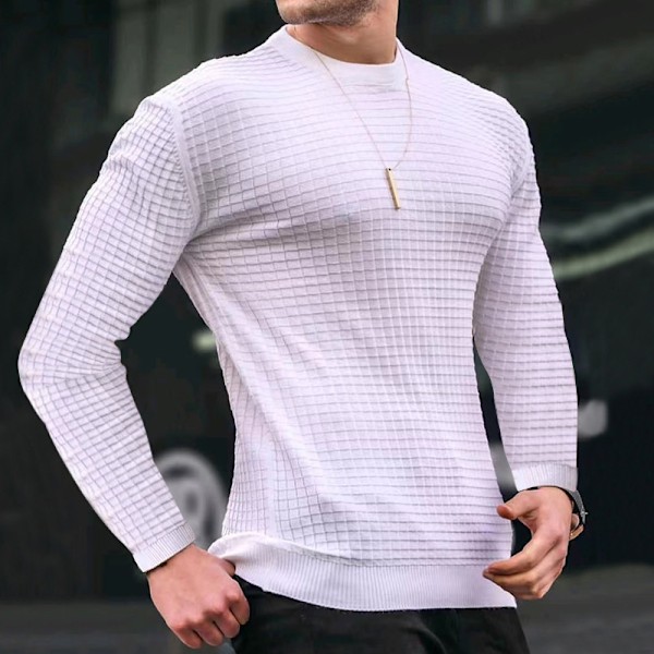 Våfflad vårtröja för män, rund hals, trendig sportfritid, lösstickad långärmad sweatshirt White M