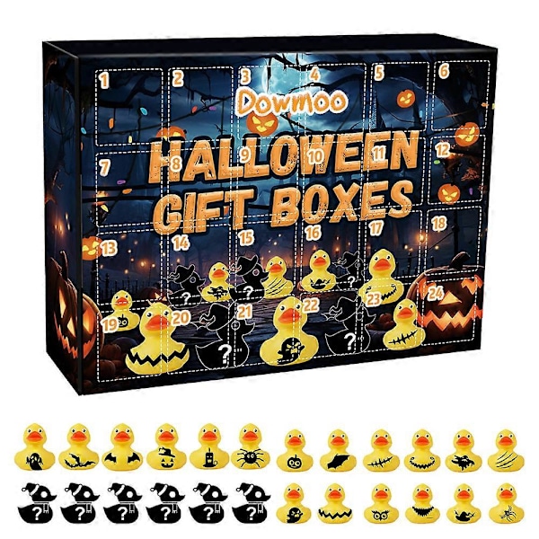 Halloween-aiheinen ankka-adventtikalenteri, 24 ruudun yllätyslaskenta, koristeellinen kumiankka-yllätysboksi, lelu loma- ja kodinsisustukseen, lahja