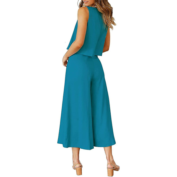 Roylamp Sommer-outfits til kvinder i 2 dele Rundhalset Crop Basic Top Beskåret Bukser med brede ben, Jumpsuits Lake Blue X-Small