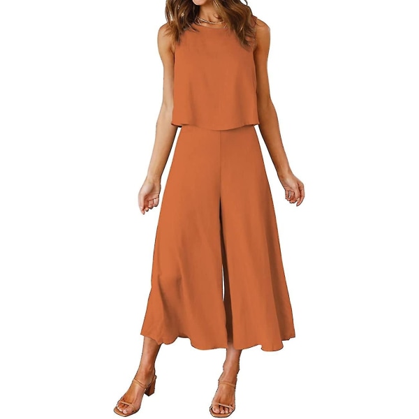 Roylamp Sommer-outfits til kvinder i 2 dele Rundhalset Crop Basic Top Beskåret Bukser med brede ben, Jumpsuits Dark Orange X-Small