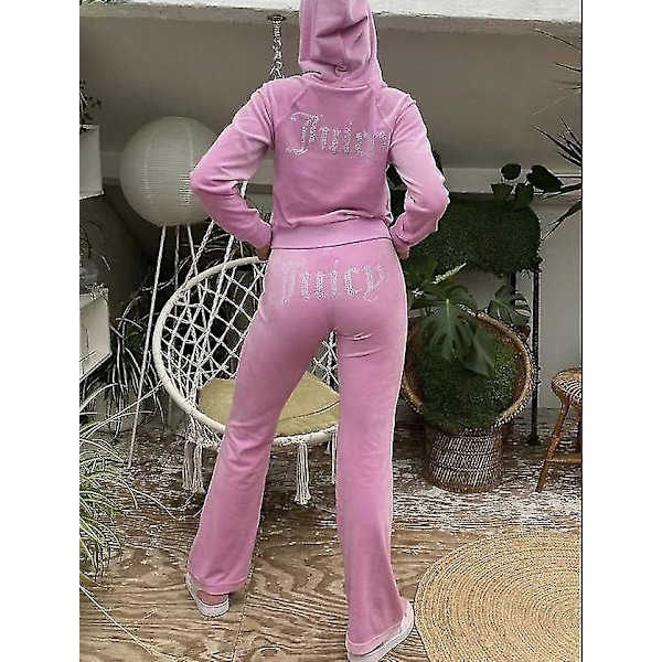 Velourijumppapuvut Naisille, Pehmeä Sametti Vetoketjullinen Hupullinen Paita Ja Housut, Urheiluasu Kevät/syksy 2024, Crop-malli Pink XL