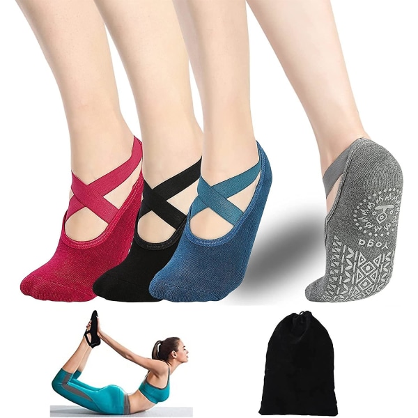 Yogasokker til kvinder - 4 par pilatessokker skridsikre grebsstrømper med rem til ballet, barre, hjem og hospital
