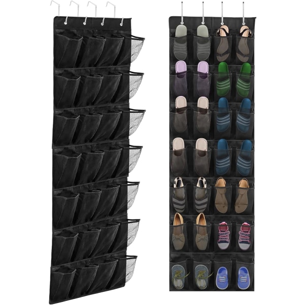 Skoförvaring över dörren, hängande skoförvaring Skoställhållare med 28 stora mesh och 4 metallkrokar (svart)