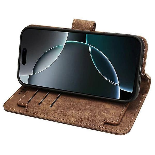 Läderfodral med linjemönster och plånboksdesign för iPhone 16 Pro med 9 kortfack Brown