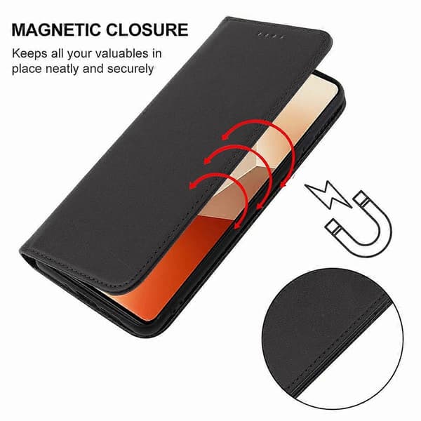 Magnetisk lukking i lær telefondeksel for Xiaomi Redmi Note 13 5G Black