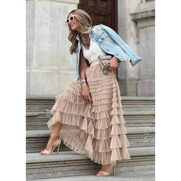 Kvinders Maxi Nederdel Sommer Elastisk Høj Talje A-Linje Casual Kjole Mode Mesh Kage Nederdel Sommer Nederdel Lang Puffy Plisseret Nederdele (M)