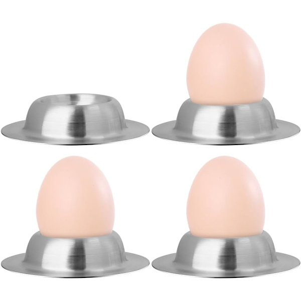 (Silver) 4 Egg Cups, Stackable, Round, Stainless Steel, Polished, Dishwasher Safe, with Egg Holder