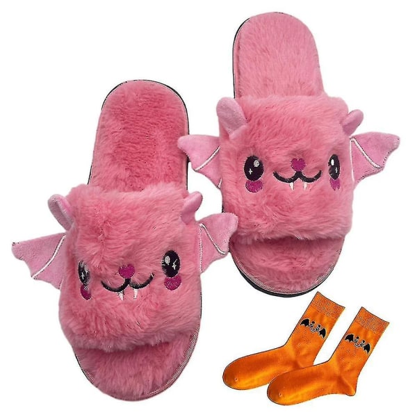 Halloween Tofflor Anti-sladd Mysig Bat Plysch Tofflor Med Strumpor Sovrum Tofflor Inomhus Hem Tofflor Fuzzy Slides För Familj Pink children