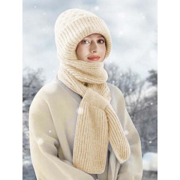 Beaniehatt med Integrerat Öron- och Vindskydd, Elastisk Stickad Tjock Varm Sammansatt Vinter Beige