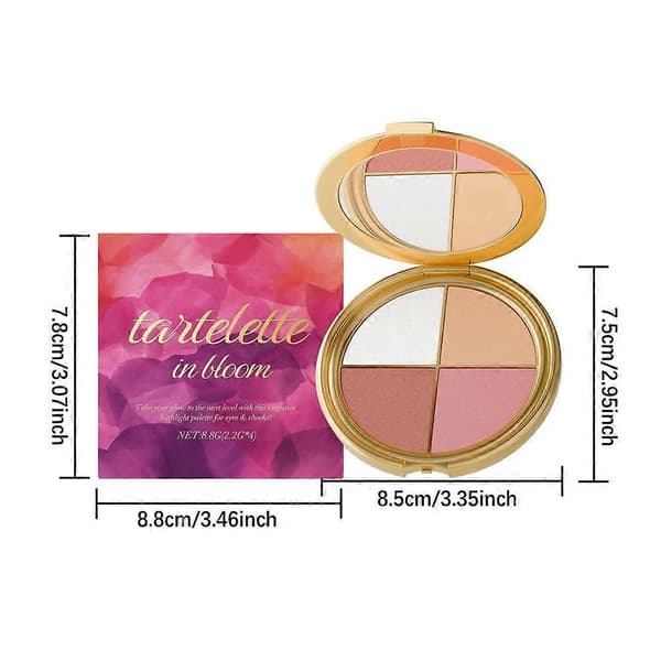 4-färgs multifunktionell palett - Highlighter & Rouge med glimmer & vitamin E, 8,8g - Naturlig lyster, silkeslen textur, resevänlig med spegel 1st