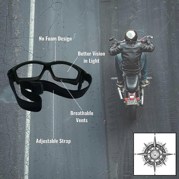 Briller: Kraftige motorcykelbriller med hårdt etui, pudseklud og pose