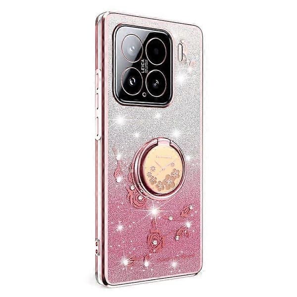 For Xiaomi 15 Deksel Ring Stativ TPU Blomster Telefon Deksel Gradient Glitter Rose Gold