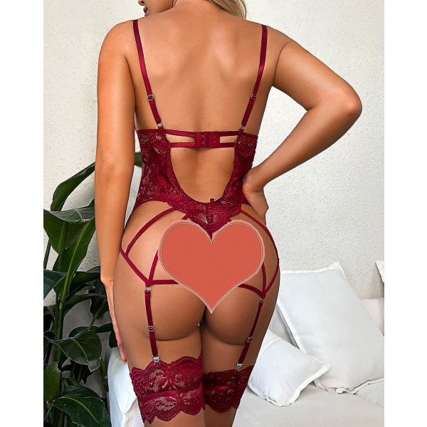 Donnalla Dame Sexy Undertøy Sett med strømpebånd Belte Blonde Body Teddy med truse Small Wine Red