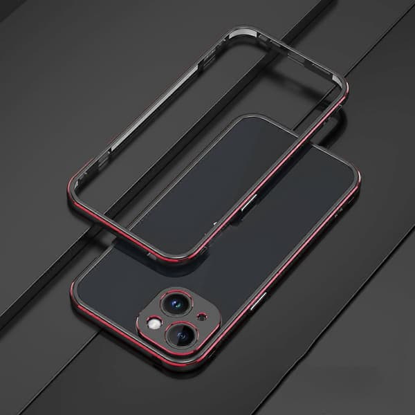 För iPhone 14 Plus Aurora Series Lins Skydd + Metallram Mobilskal Black Red