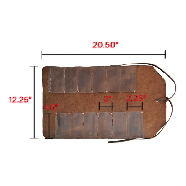 Stor værktøjsrullepose i læder (12 pladser), bærbar bæretaske, værkstedsopbevaring, træbearbejdningsværktøj Brown