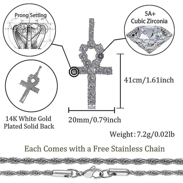 14k guldpläterad Iced OutDiamondCross Egyptian hängsmycke för män och kvinnor med 24 rostfritt stålkedja halsband White Gold
