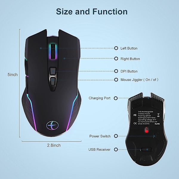 Trådløs Mus med Jiggler-Funksjon, Musbevegelse, LED-Oppladbart, 2.4G, Ergonomisk Mini-Mus, USB Optisk Mus, 1600 DPI