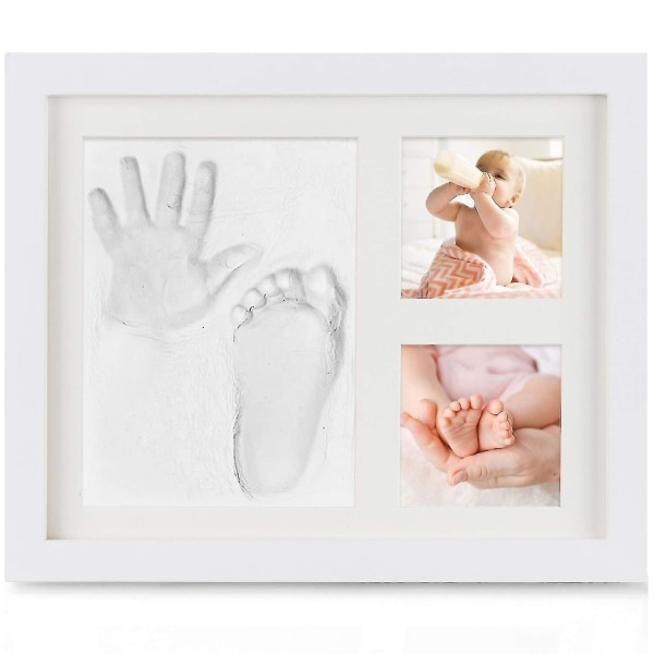 Baby håndavtrykk og fotavtrykk, baby trebilderamme med gipsstøp, hånd- og fotgipskasse
