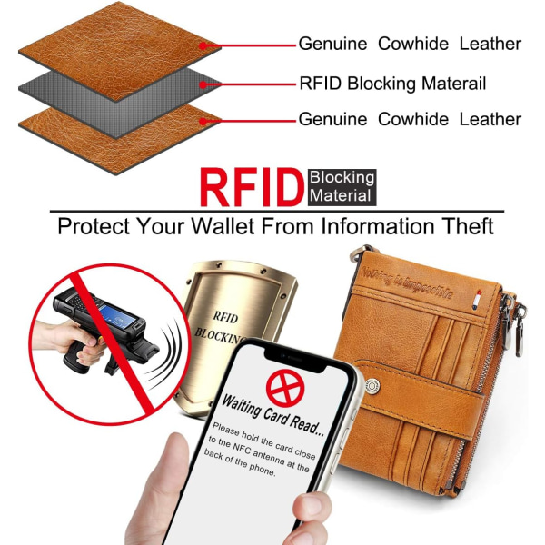 Mænds RFID-blokeringspung i ægte læder med kæde, bifold pung til mænd 19 kreditkort og lynlås-pung, gaveæske, brun Brown