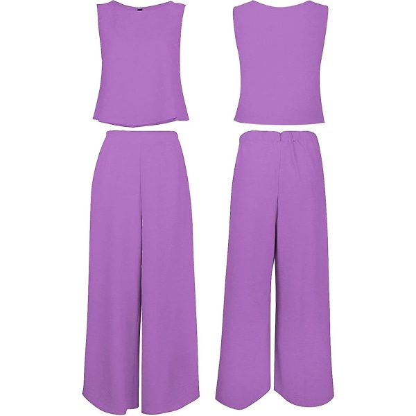 Roylamp Sommer-outfits til kvinder i 2 dele Rundhalset Crop Basic Top Beskåret Bukser med brede ben, Jumpsuits Lavender Small