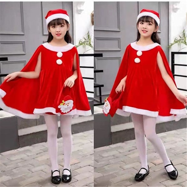 Julebarn Jenter Fløyel Kappe Kjole Med Gutteshorts Nissehue Antrekk Fancy Dress Xmas Fest Nissemann Cosplay Kostyme 140cm