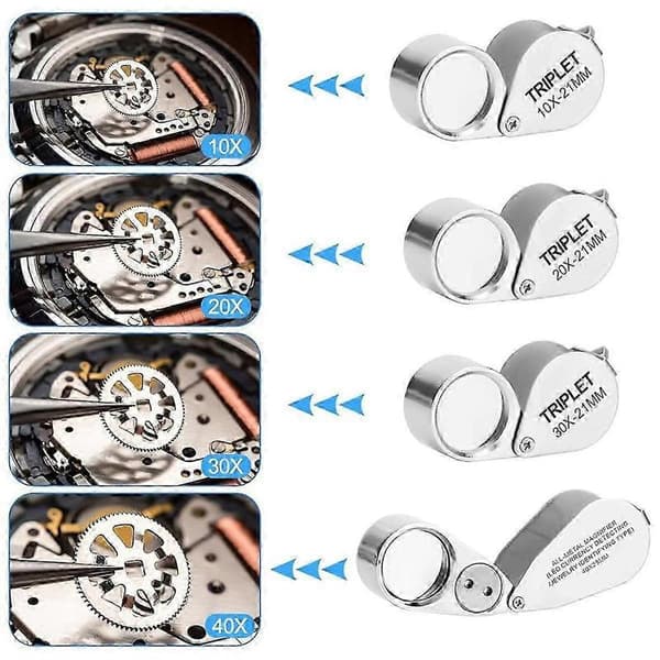 10X til 40X fuldmetal smykke lup med 4 bærbare belyste lupper Silver
