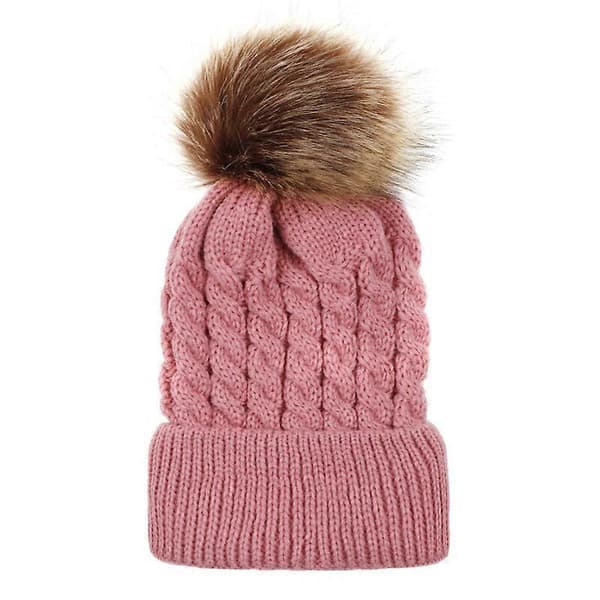 Dam Barn Vinter Stickad Mössa Pom Pom Tofs Hattar Pink Kid