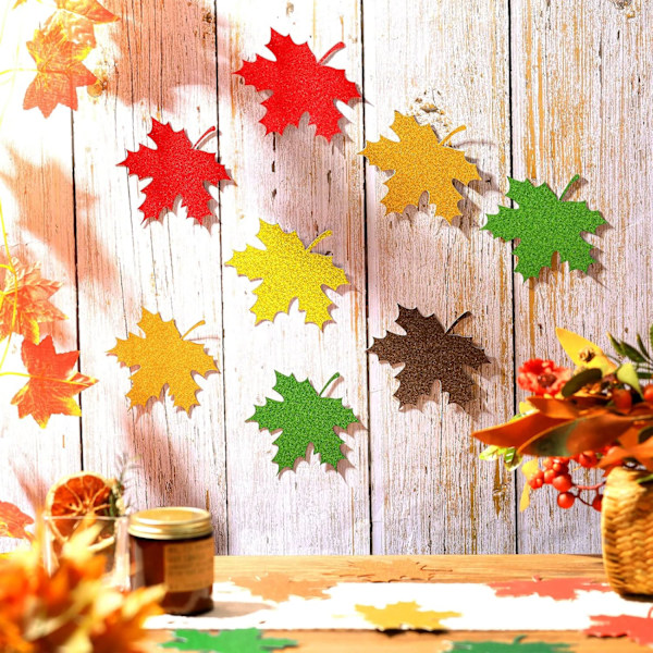 Thanksgiving Anslagstavla Dekorationer Blandade Färger Glitterpapper Löv Utskärningar Lönnlöv Höstlöv med självhäftande prickar för Klassrumsdekoration