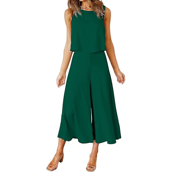 Roylamp Sommer-outfits til kvinder i 2 dele Rundhalset Crop Basic Top Beskåret Bukser med brede ben, Jumpsuits Dark Green X-Small