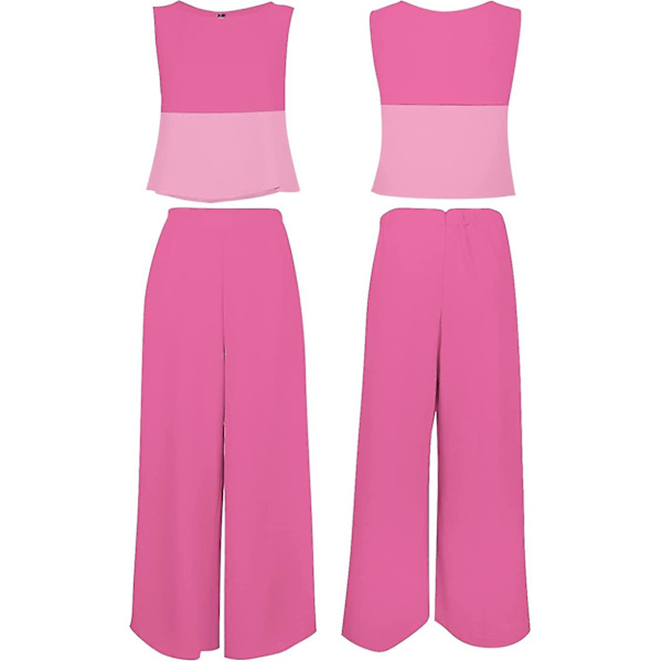 Roylamp Sommer-outfits til kvinder i 2 dele Rundhalset Crop Basic Top Beskåret Bukser med brede ben, Jumpsuits Contrast Rose X-Small