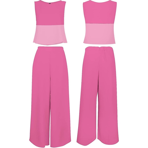 Roylamp Women's Summer 2-delade outfits Rundhalsad Crop Basic Top Beskuren Byxa Set med vida ben Jumpsuits Contrast Rose Medium