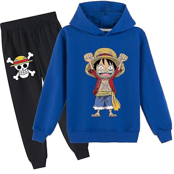 D. Luffy Print Tracksuit Set Lapsille - Vetoketjullinen Huppari ja Housut - Mukava ja Trendikäs Asuste Blue 7-8 Years