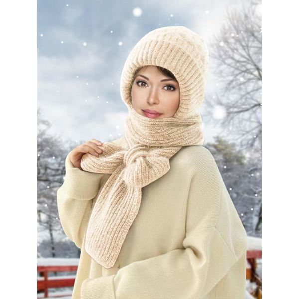 Beaniehatt med Integrerat Öron- och Vindskydd, Elastisk Stickad Tjock Varm Sammansatt Vinter Beige