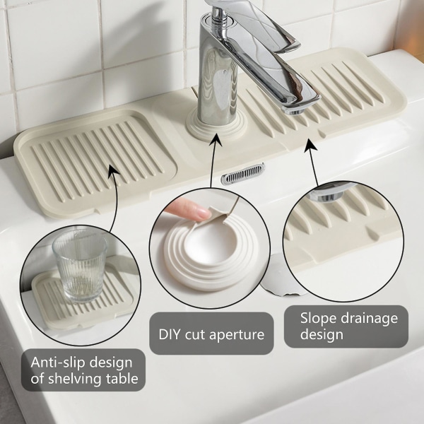Silikone Vandhane Afløbsmåtte Køkkenvask Stænkbeskyttelse Multifunktionel Hurtigtørrende Vandhane Drypfangermåtte til badeværelse Vaskebord Køkkenbordplade Beige L
