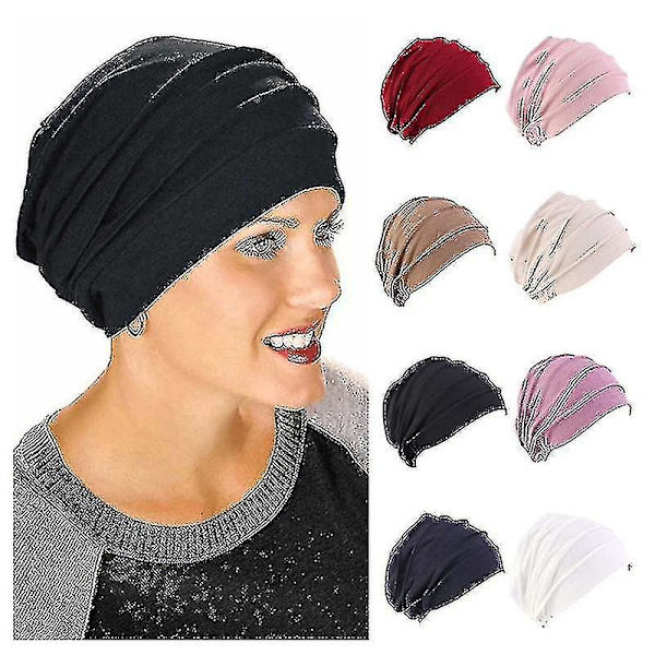 Kvinner Bomull Elastisk Beanie Myk Turban Bonnet Head Wrap Sikring Lamell Chemo Hat Pink
