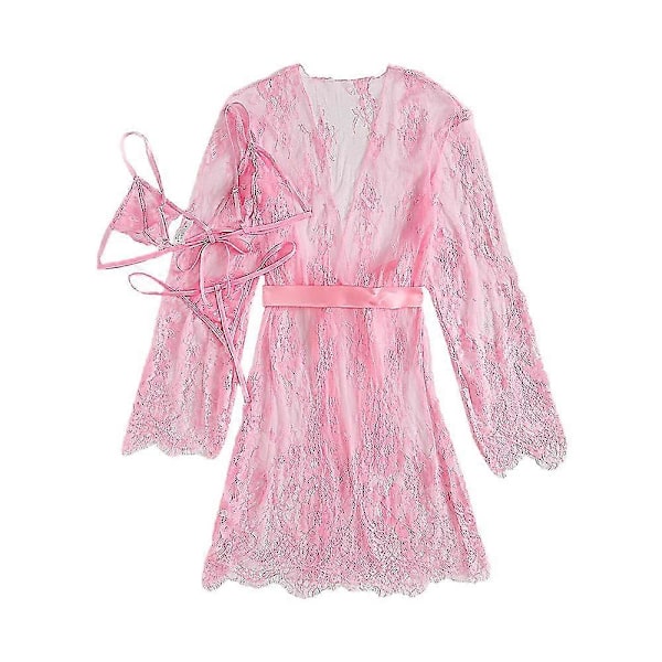 Kvinnors Genomskinlig Spets Kimono Roba Nattklänning Dressing Gown Sleepwear Wrap Klänning Nattlinne Plus Storlek Pink 4XL