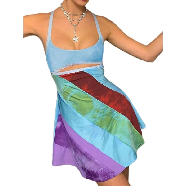 Vintage Cami Kjole Til Kvinner Retro Bodycon Minikjoler Mote Fargerik Stripete Trykk Tilpasset Stropp Kjole Fi Blue S