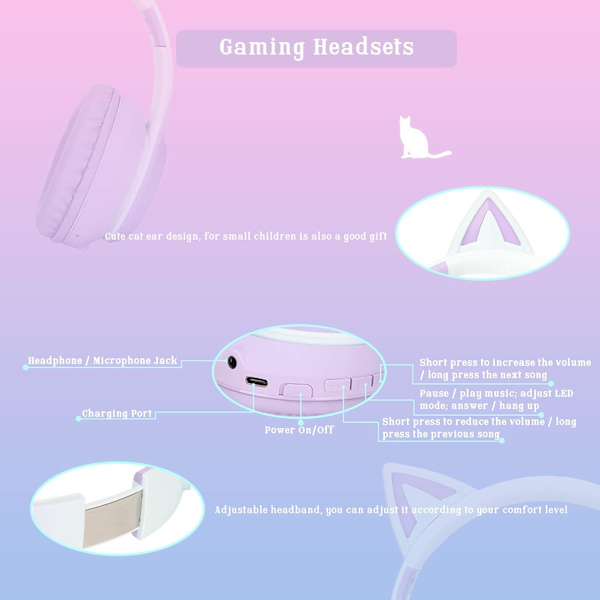 Trådlösa spelheadset via Bluetooth 5,1/3,5 mm AUX-kabel, hopfällbara hörlurar med 7 färger LED-lampor och 4 LED-lägen för flickor, vuxna (violetta)