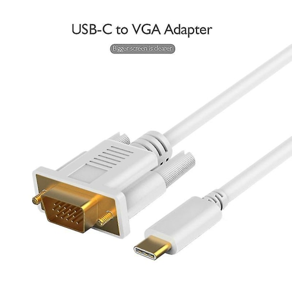 1,8 m Typ-c till Vga-kabel Bärbar High Clarity Vit Hane Till Hane Usb-c till Vga-kabeladapter för kontor