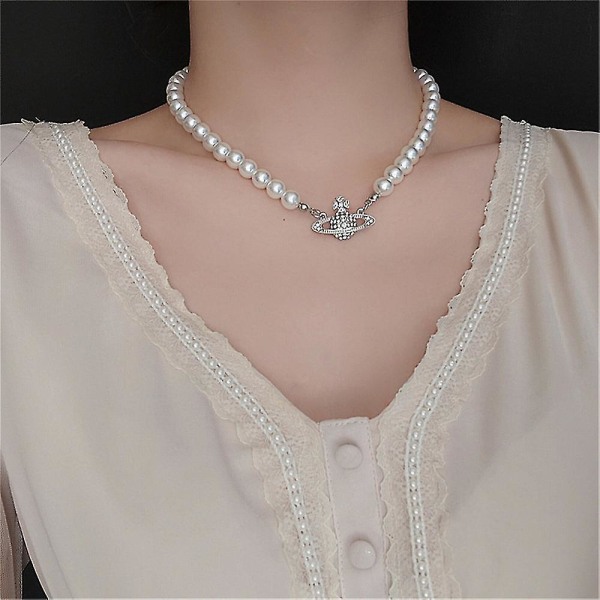 Retro kvinnor Diamond Planet hänge halsband Pearl nyckelben kedja