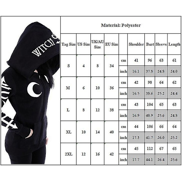 Halloween Kvinder Gotisk Hætte Frakke Heks Punk Hoodie Sweatshirt Lynlås Jakke Top Black XL