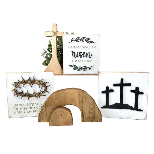 5 kpl Jeesuksen hauta-pääsiäistarjotinpaketti, hän on puinen pääsiäis-Jeesuskylttikerroskoristeet, pääsiäisporrastettu tarjotin