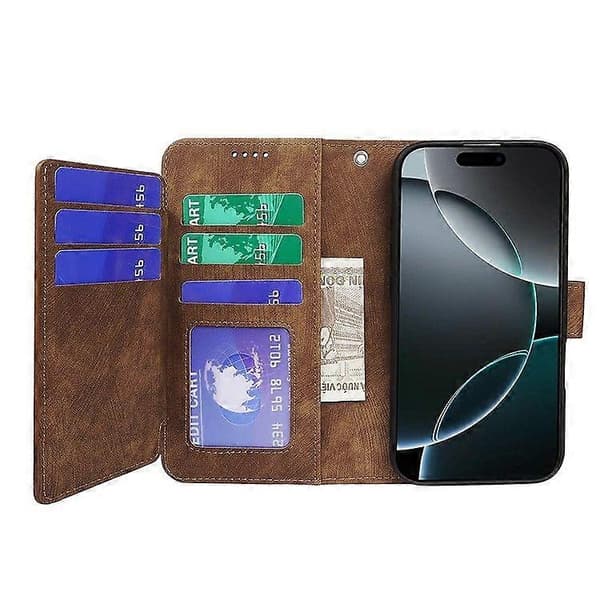 Läderfodral med linjemönster och plånboksdesign för iPhone 16 Pro med 9 kortfack Brown